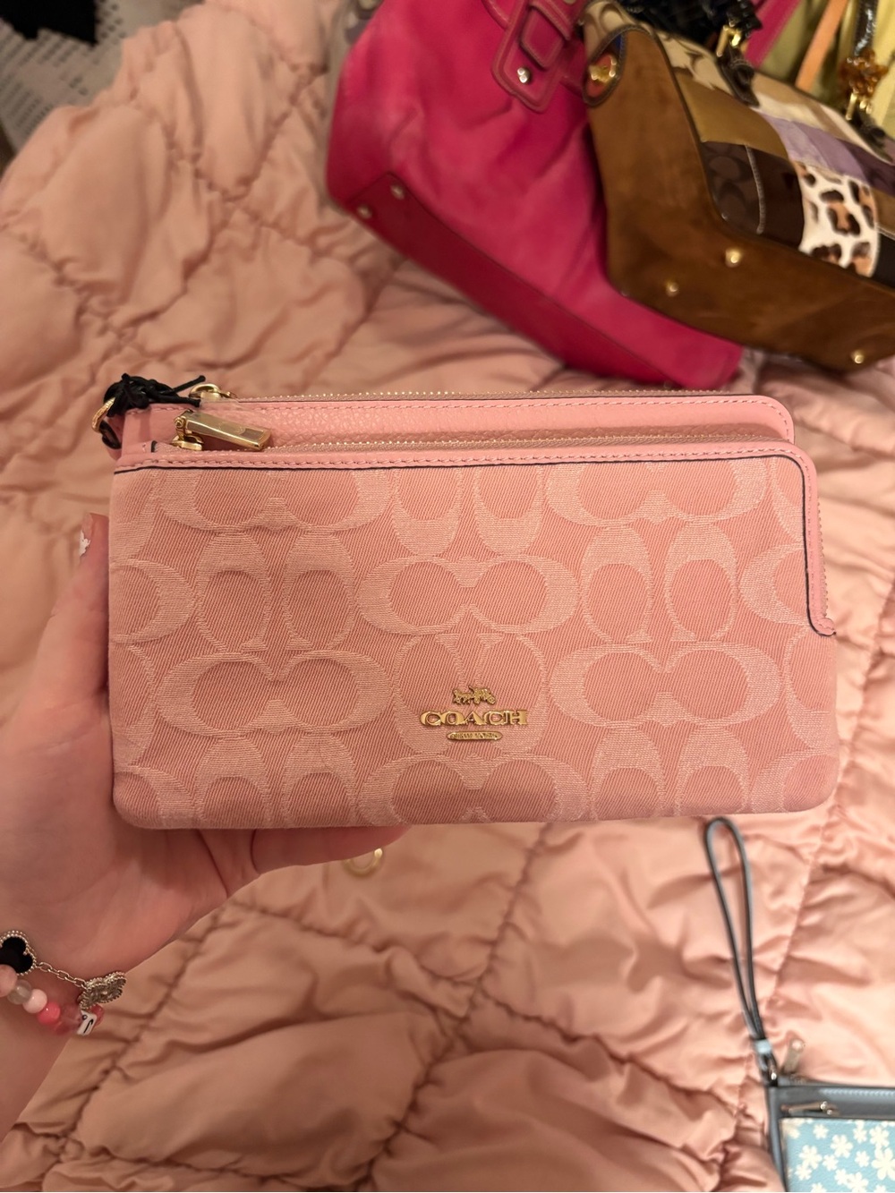Coach Pink Denim Signature Zip Wristlet